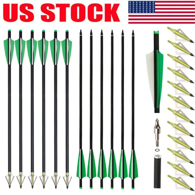 12X 20in. Crossbow Bolts Carbon Arrows+12 Broadheads 100grain for Target Hunting