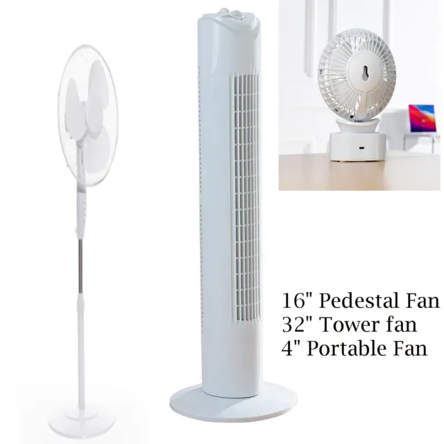 Portable White 4'' Table /29" Tower /16" Pedestal Oscillating Air Cooling Fan