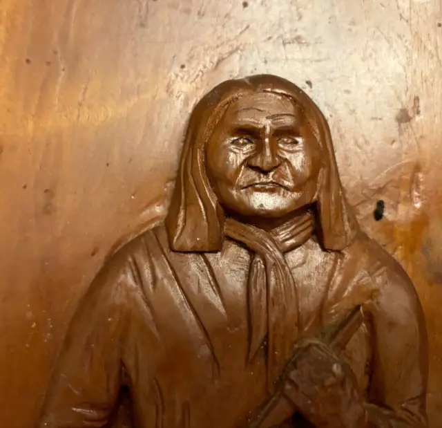 Geronimo  relief portrait native american wood carving  from trading post