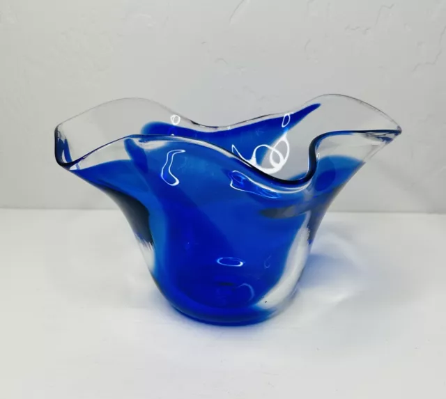 1997 Signed Hand Blown Abstract Art Glass Bowl Vase Clear w/ Blue Swirl Vintage