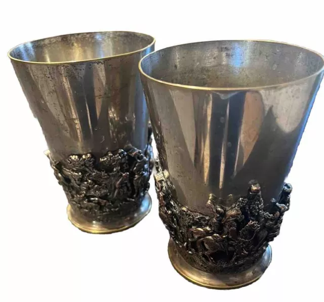Pair Silver Plate Teniers Style Vessel Chalice Goblet, By J Grinsell & Sons 1870