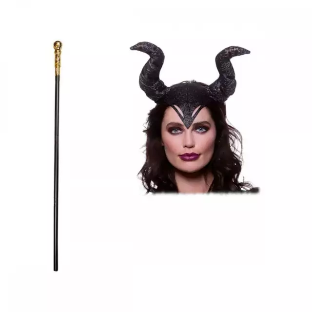 Adult Evil Queen Black Gothic Horns +Cane Halloween Mistress of Evil Fancy Dress
