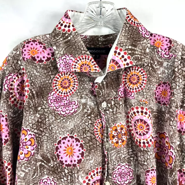 Bogosse Mens Shirt Size 7 XL Pink Brown White Geometric Floral Print Long Sleeve 2