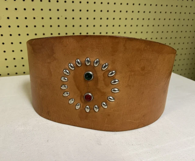 Vintage Small leather motorcycle biker wide kidney belt Gems Studs buckles Tan