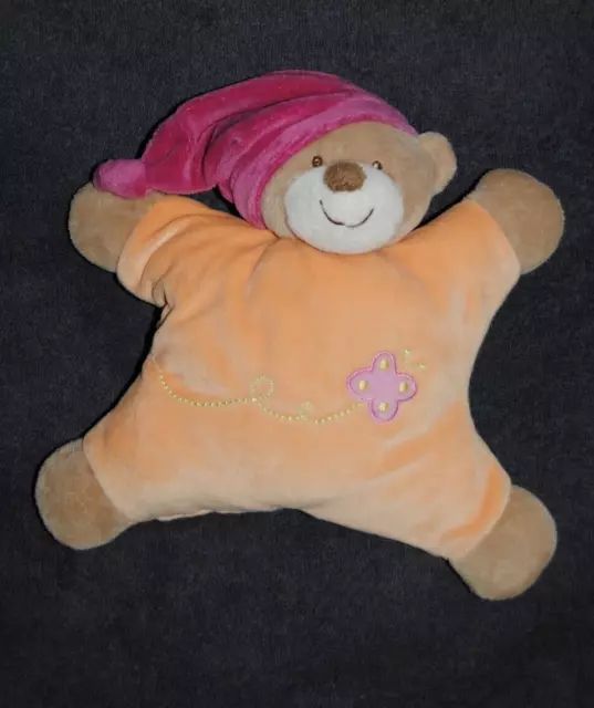 Peluche Doudou Ours Orange Mauve NATTOU AUBERT Semi Plat Papillon Hochet  TTBE