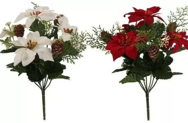 Artificial Flowers Christmas POINSETTIA Plants Bouquet Cone Fern Ivy Festive