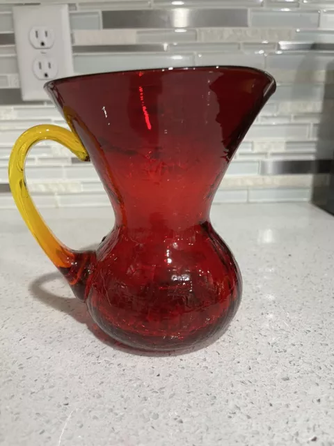 Vintage Blenko Ruby Red Pitcher Applied Amber Handle Crackle Glass Hand Blown 6"