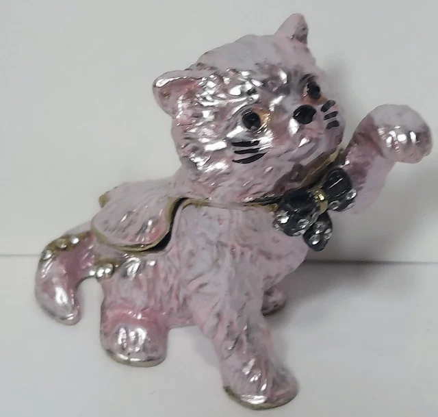 Pink Pearl Cat Hinged Trinket Box With Rhinestones Magnetic Close