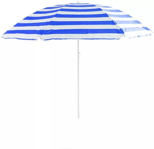 Blue & White Striped Parasol (1.6m) Tilting Garden Beach Sand Camping Sun Shade