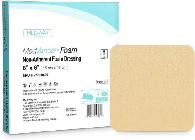 MedVance Foam Non-Bordered Non-Adhesive Wound Dressing, 6"X6", Box of 5