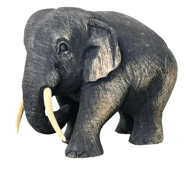 Teak Elephant Wood Sculpture Thai Hand Carved Wooden Figurine Lucky Statue 5"