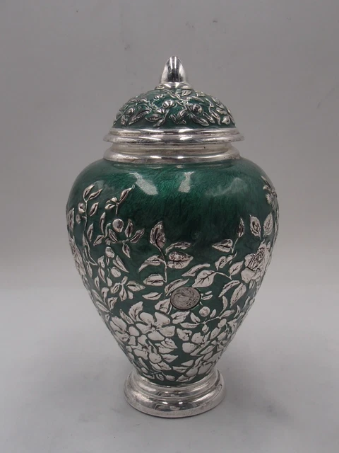 Joli Coupe Ou Vase En Argent Massif Et Email Verte Decor Floral 925 Milliemes