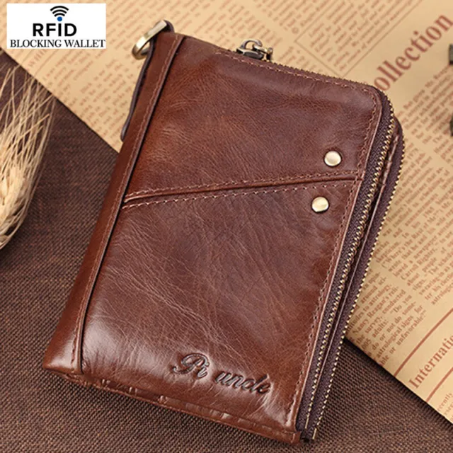 Men's 100% Cowhide Leather Zipper Wallet RFID Blocking Card Holder Coin Purse