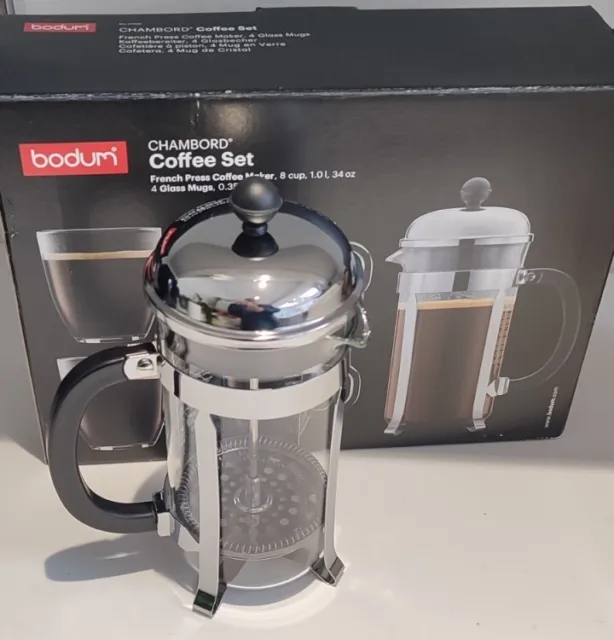 BODUM CHAMBORD CAFETIERE/FRENCH PRESS COFFEE MAKER - 8 CUP  SILVER CHROME (New)