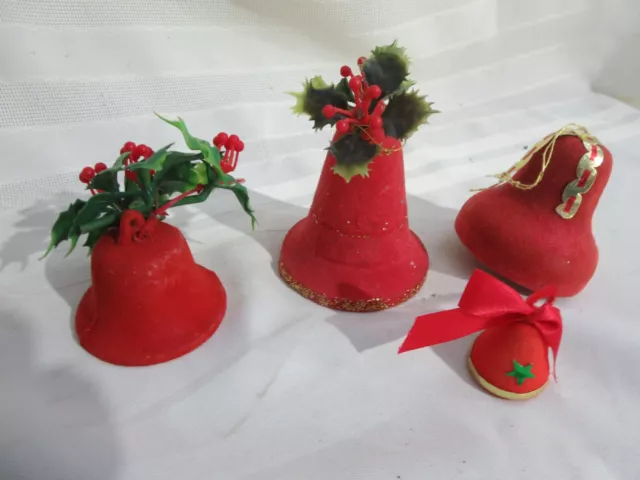 4 Vintage Christmas Flocked Bell Ornaments