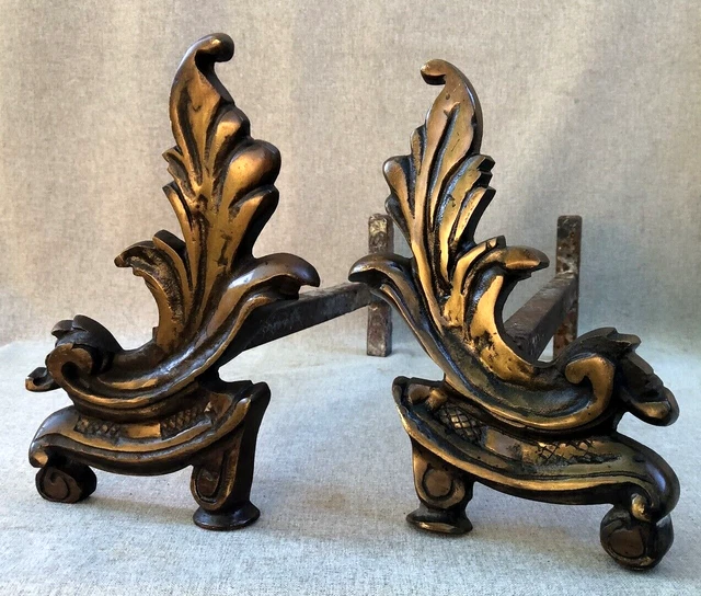 Antique pair of french andirons early 1900's gilded bronze Louis XV style