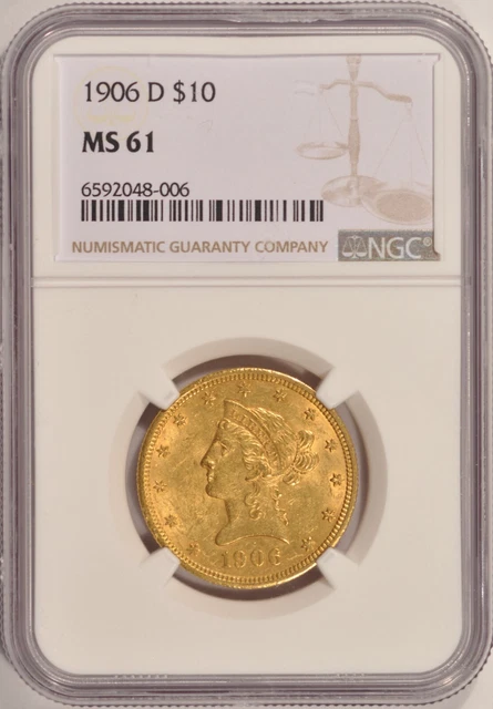 1906-D $10 Gold Liberty Eagle Coin NGC MS61 Pre-1933 Gold