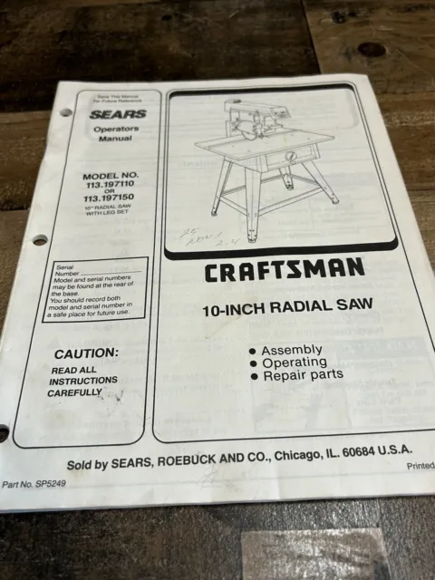 Owner's Manual & Parts List Sears Craftsman 10” Radial Saw - Model 315.220100