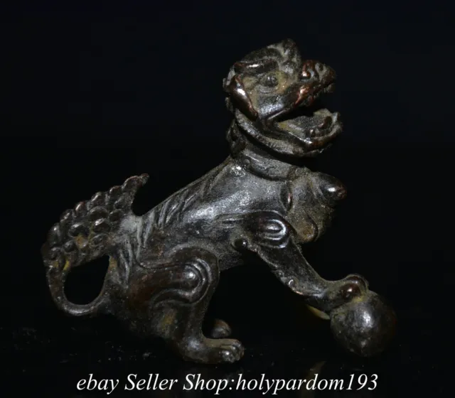 2.4" Old Chinese Copper Fengshui Foo Fu Lion Beast Statue Sculpture