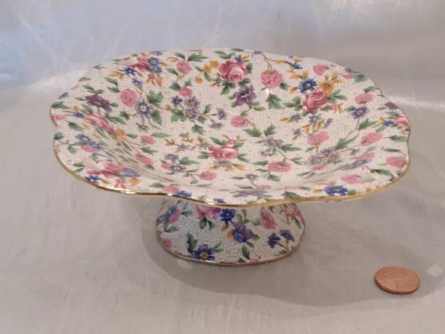 Vintage Grimwades Royal Winton Old Cottage Chintz Footed Compote Floral Dish