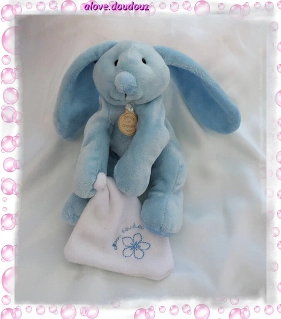 Doudou  Lapin Bleu Assis Mouchoir Blanc Mon Doudou Fleur Doudou Et Compagie