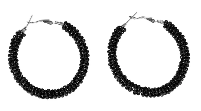 Ohrringe Kreolen Creolen Schwarz Silber Modeschmuck rund Perlen 5 cm Durchmesser