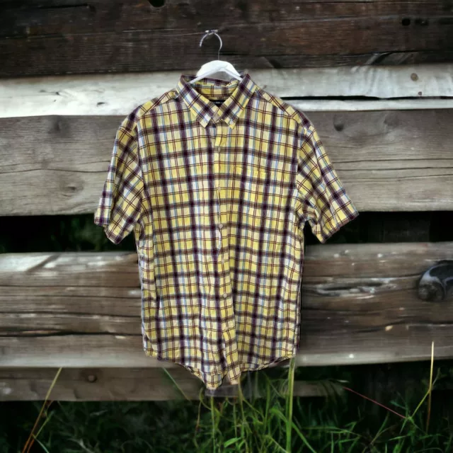 Old Navy Mens Large Slim Fit Short Sleeve Button Up Shirt Yellow & Purple Plaid