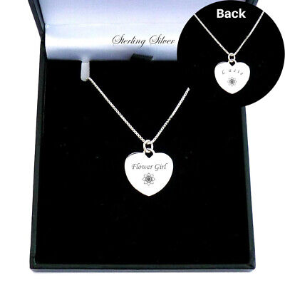 Flower Girl Necklace, Engraved, 925 Silver, Personalised with Any Name on Heart