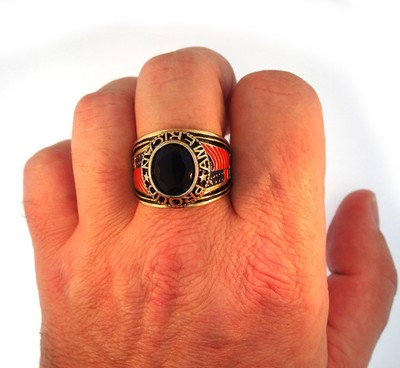 Sapphire Blue Stone Proud American USA Flag Gold EP Mens Ring 