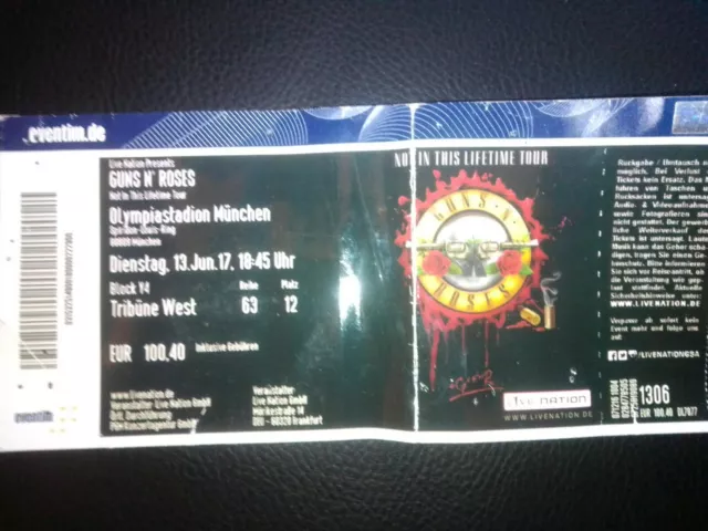 Guns N Roses 13.06.2017 München Olympiastadion Not i.t. Lifetime Tour Ticket RAR