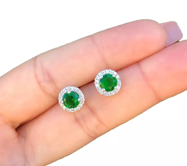 4 Ct Round Lab Created Green & White Sapphire Halo Stud Earrings 14K White Gold