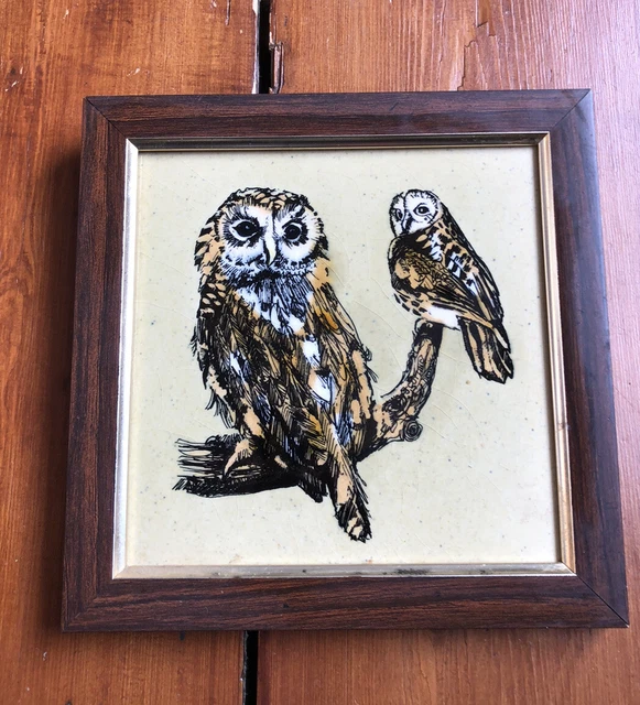 Vintage Hand Painted Owls Framed Ceramic Tile - Withersdale Harleston Norfolk
