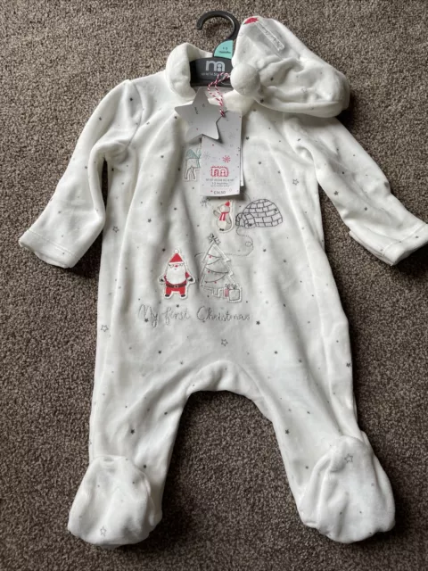 Mothercare Neutral Ivory Unisex My First Christmas Velour Sleepsuit With Hat 1-3