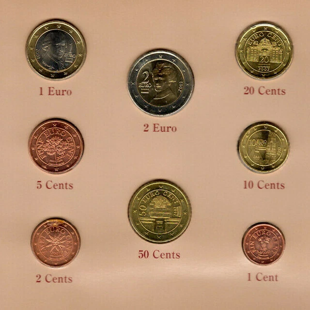Coin Sets of All Nations Austria 1,2,5,10,20,50 Cents 1,2 Euro 2002 3