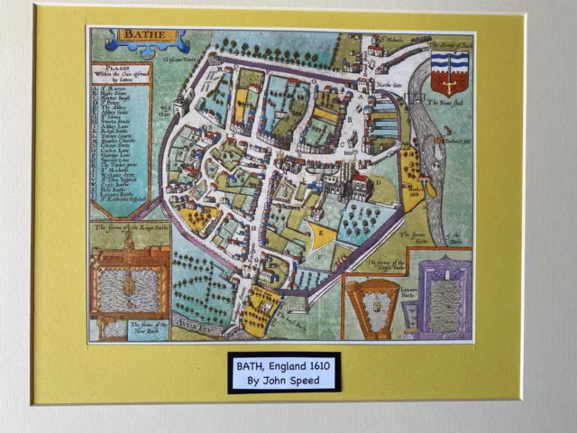 Mounted Old Antique Tudor Colour town plan map Bath, England Speed 1600s Reprint 2