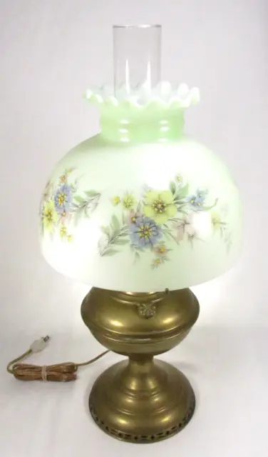 Lamp with Hand Painted Shade Converted Brass Oil Lamp Base