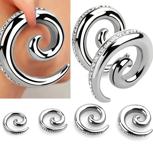 Pair Multi CZ Crystal Rim Spiral Coil Taper Silver Steel Ear Gauge Plugs 8G-2G