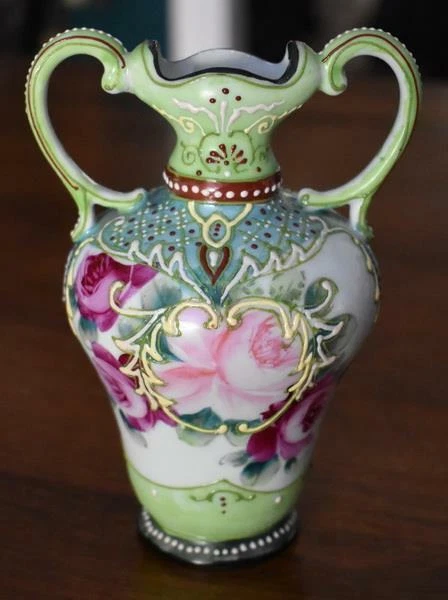 Lovely Antique Japanese Nippon Moriage Floral Motif Two Handled Small Green Urn