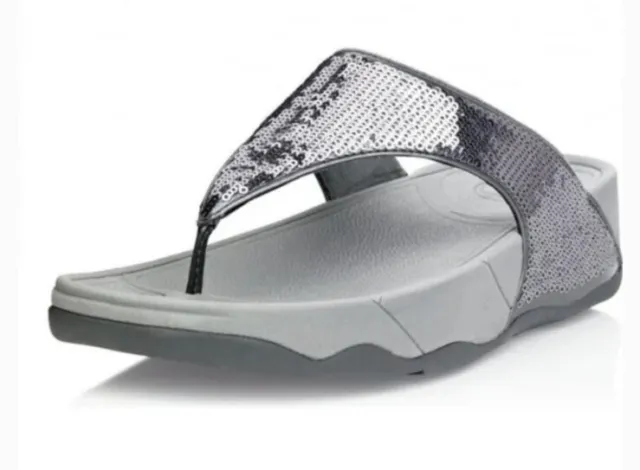 FitFlop Electra Classic Pewter Silver Sequin Thong Platform Flip Flip Sandals 8