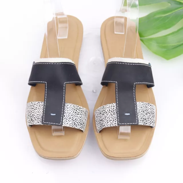TOMS Women's Seacliff Sandal Size 8.5 Slide Black White Leather Cruise Flip Flop