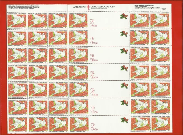 1990 AMERICAN LUNG ASSOCIATION CHRISTMAS SEAL STAMPS, MNH FULL SHEET of 42