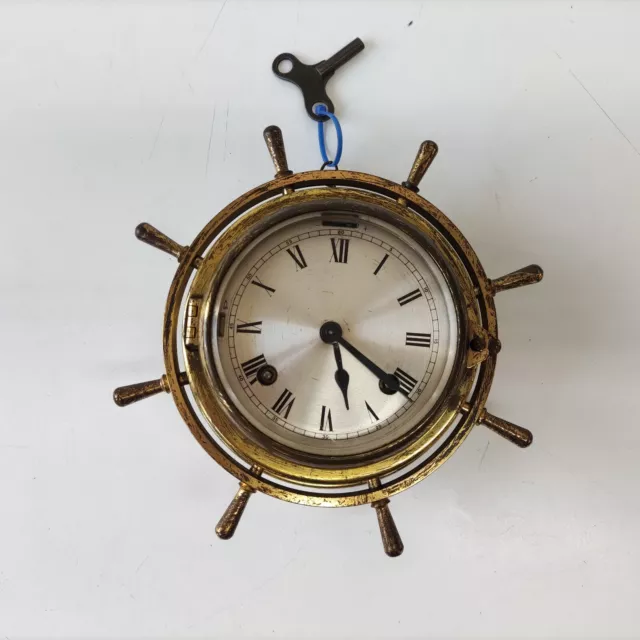 Antico Orologio Da Parete  Vintage Timone In Ottone Carica A Chiave Funzionante