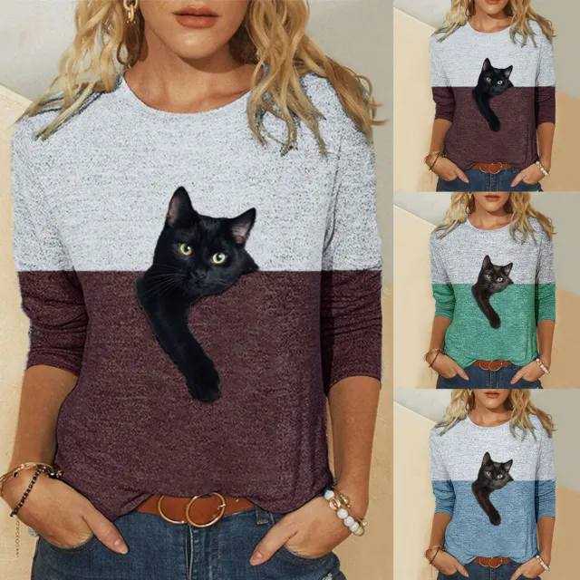 Fashion Women Casual Cat Print Color Patch Long Sleeve O-Neck T-Shirt Blouse Top