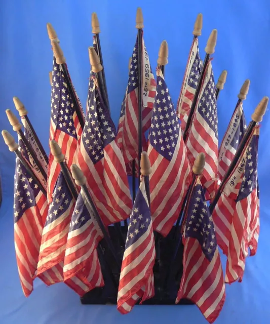 Vintage Miniature U.S. Under 27 Flag Set, Stand, Box, List, Missing #17-Ohio.
