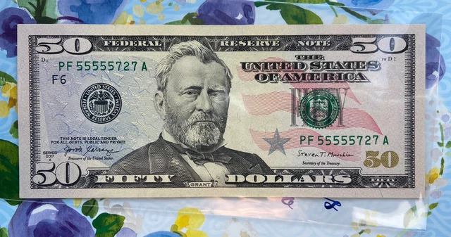 Fancy Serial Number 50 Fifty Dollar Bill 2017aSolid Leading 5 fives pr 7 and 2