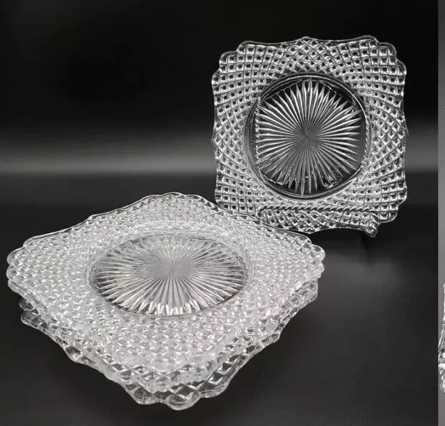 4 WESTMORELAND English Hobnail Clear Round Base Square Plate-Bread/Butter Plates