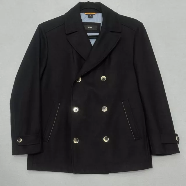 BOSS Hugo Boss Men Jacket 42R Black Wool Cashmere Pea Coat Double Breast Classic