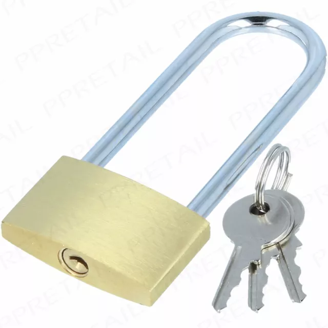 QUALITY 40mm BRASS LONG SHACKLE PADLOCK Security Gate Garage Shed Lock + 3 Keys