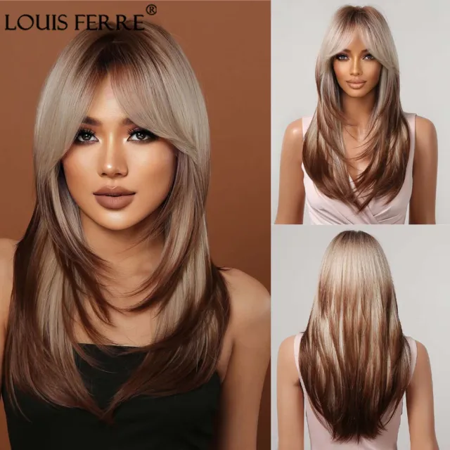 Long Straight Blonde Layered Synthetic Wigs Brown Ombre Fashion Wigs With Bangs