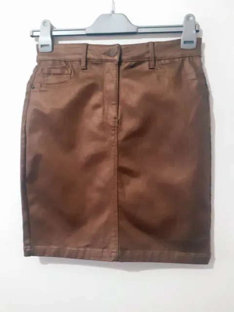 NEXT Ladies Bronze Metallic Effect Coated Mini Skirt Size 12 Stretchy Bk pockets